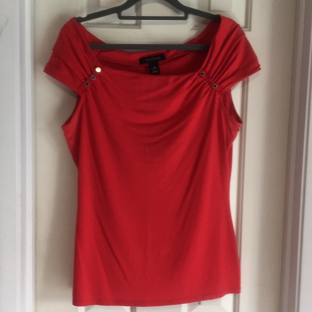 Embellished Red Top with Gathered Sleeves